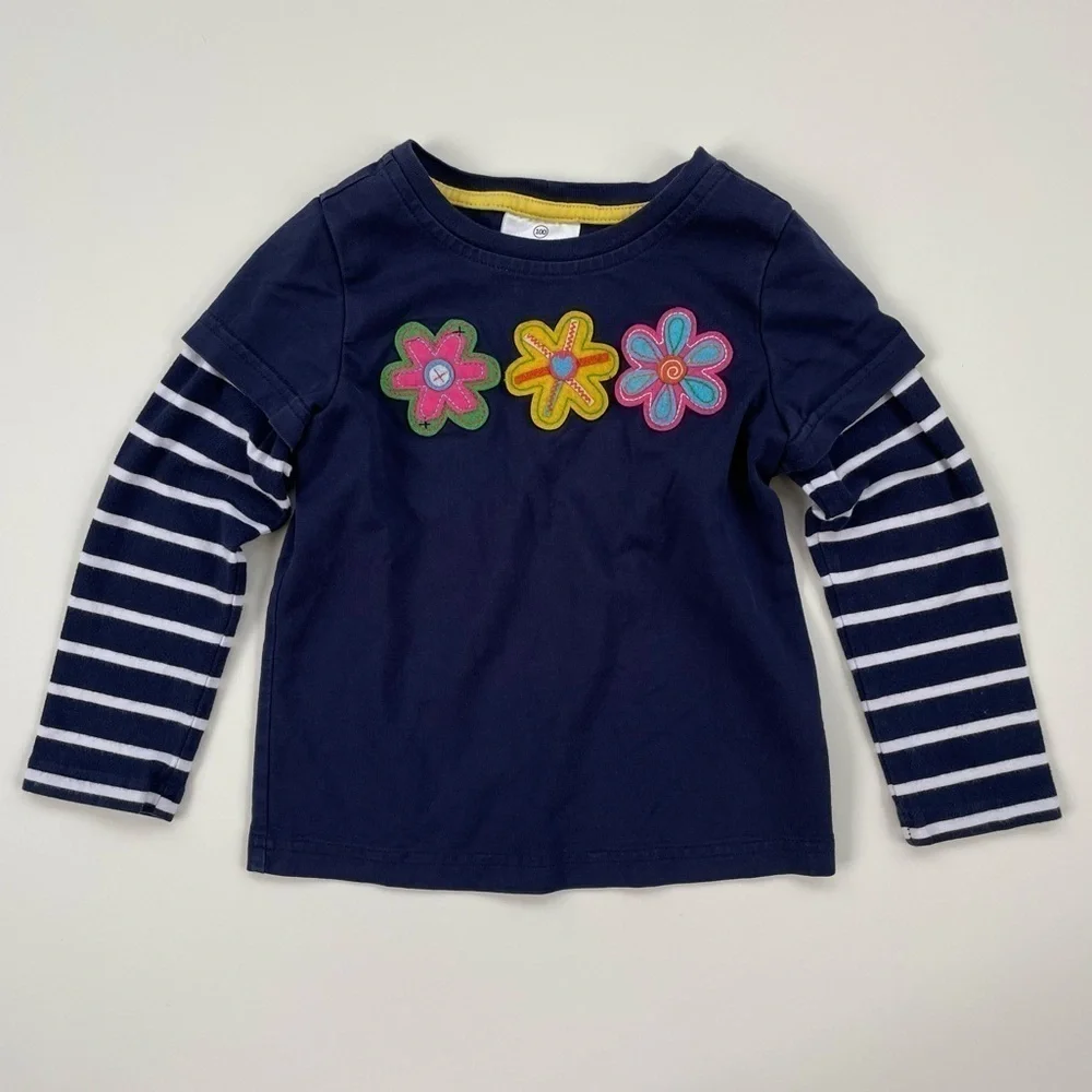 Hanna Andersson Little Girls Navy Striped Floral Long Sleeve Tee Size 4